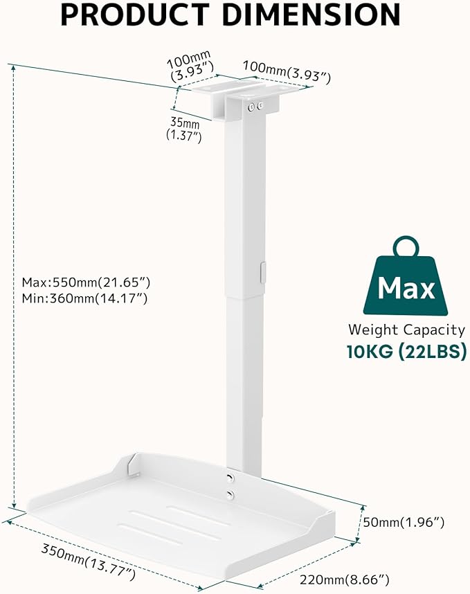 Projector Ceiling Mount with Tray, Adjustable Height Universal Bracket with Concealed Cable Management, No Hole Installation, Holds up to 22 lbs – Ideal for Home Theater & Office (White)