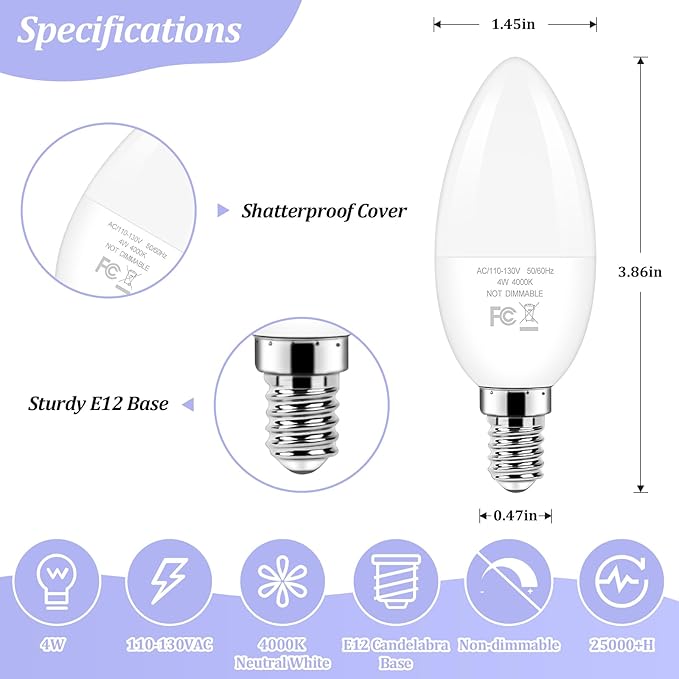 Brightever LED Candelabra Light Bulbs 40W Equivalent, 4W Candle Light Bulbs with Small E12 Base, Neutral White 4000K Ceiling Fan Lightbulbs, Type B Bulb for Wall Sconces, Non-Dimmable, Pack of 6
