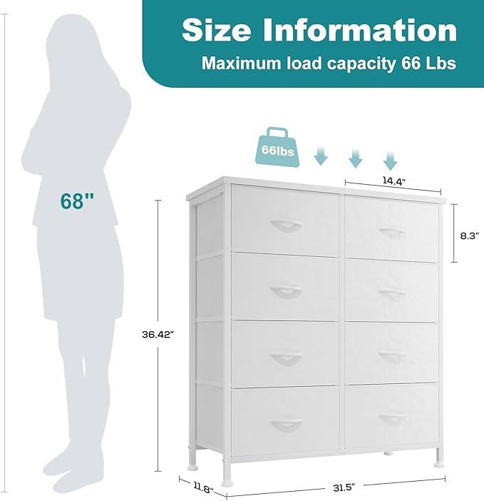 OLIXIS Dresser for Bedroom, Drawer Dresser Organizer Storage Fabric Storage Tower, Chest of Drawers with 8 Easy Pull Fabric Bins, Steel Frame, Wood Top for Living Room, Closet, Entryway, Hallway