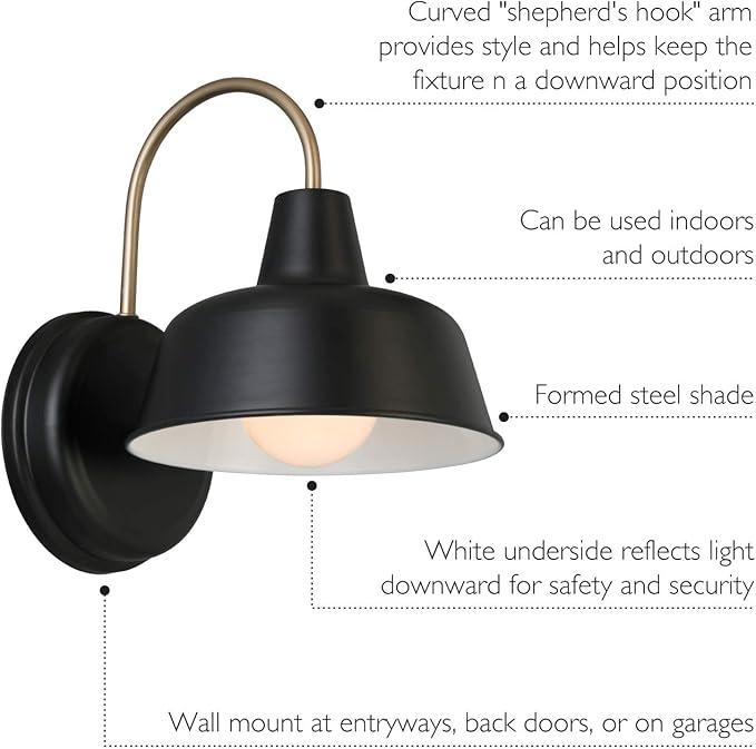 Design House Mason Barn Light Indoor/Outdoor Wall Mount Modern Industrial Farmhouse Wall Light for Patio, Garage, Bathroom, Office, Kitchen, 8-Inch, Matte Black and Gold, 588285