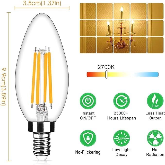 12-Pack Dimmable E12 LED Candelabra Bulbs 40Watt Equivalent, 2700K Warm White, 450Lumens, 4W B11 Vintage Chandelier Light Bulbs, LED Filament Clear Glass Candle Lamp for Ceiling Fan Home Decor1