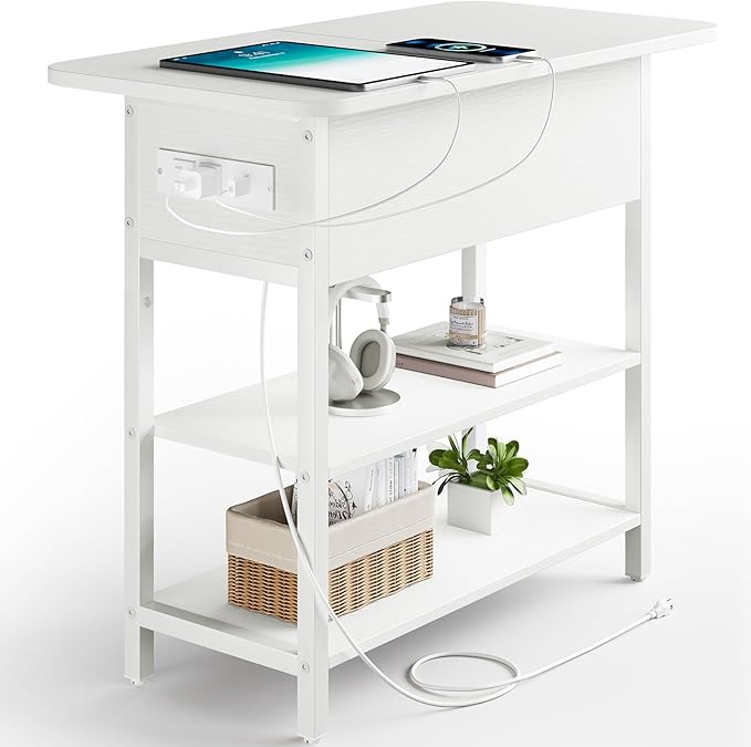 Yoobure End Table with Charging Station, Flip Top Side Table with USB Ports and Outlets, Sofa Couch Table Bedside Table for Living Room Bedroom, Narrow Nightstand with Storage Shelves for Small Spaces