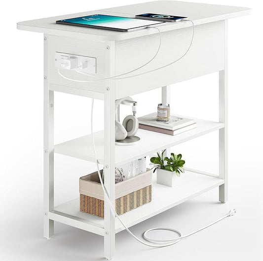 Yoobure End Table with Charging Station, Flip Top Side Table with USB Ports and Outlets, Sofa Couch Table Bedside Table for Living Room Bedroom, Narrow Nightstand with Storage Shelves for Small Spaces
