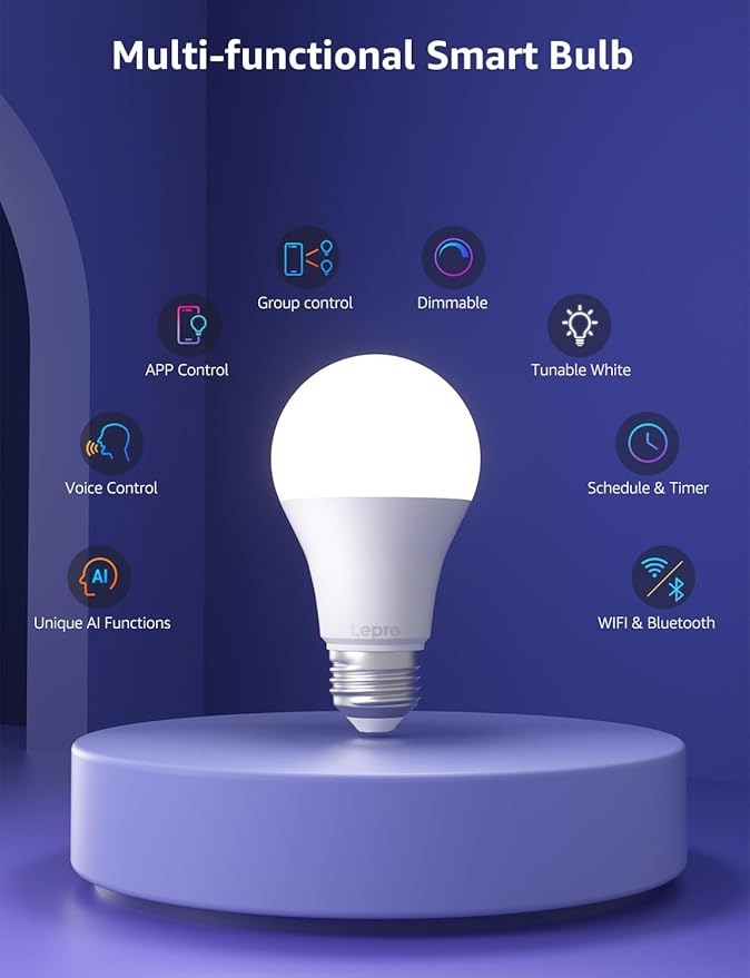 Lepro B1 AI Smart Light Bulbs - RGBWW Color Changing LED Bulb Works with Alexa & Google Assistant, AI Voice Control, Music Sync, A19 E26 Base, 8.5W 800Lumen, 2.4GHz WiFi & Bluetooth, 1 Pack（NO Remote