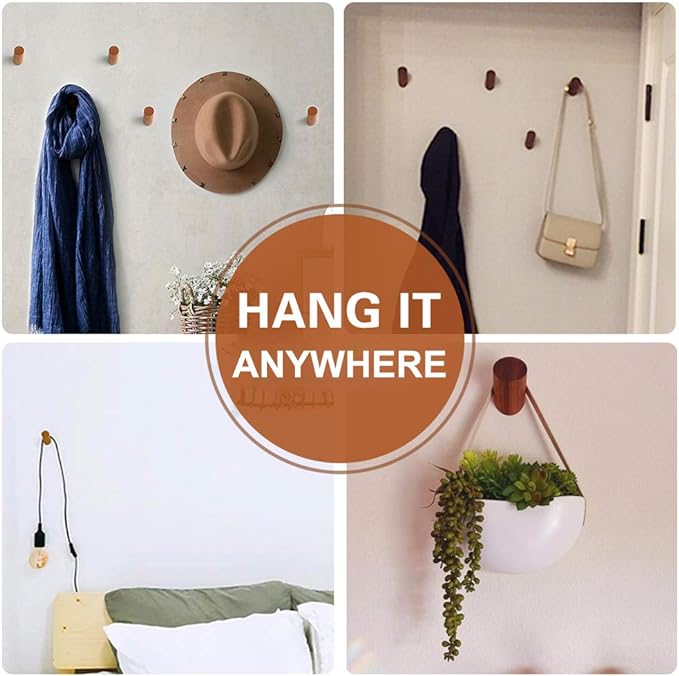 Wood Wall Hooks, 4 Pack Coat Hooks Wall Mounted, Rustic Wooden Heavy Duty Robe Hook Hat Rack, Hooks for Hanging Bathroom Towels Clothes Hanger (Walnut Wood)