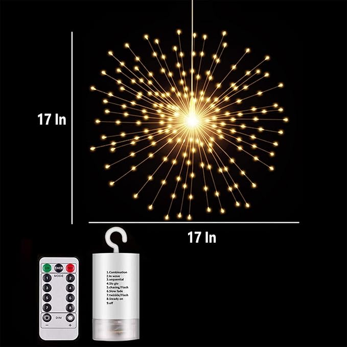 200LED Hanging Sphere Lights, Battery Operated Starburst Lights, 8 Modes Dimmable Remote Control, Waterproof Copper Wire Fairy Light for Indoor Outdoor Christmas Decor (Warm White)