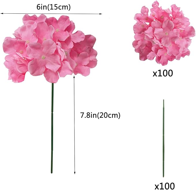 100PCS Artificial Hydrangea Flowers, Fake Flowers Silk Hydrangea Full Flowers Heads with Stems for Wedding Home Party Shop Baby Shower Decor (Bubble Pink)