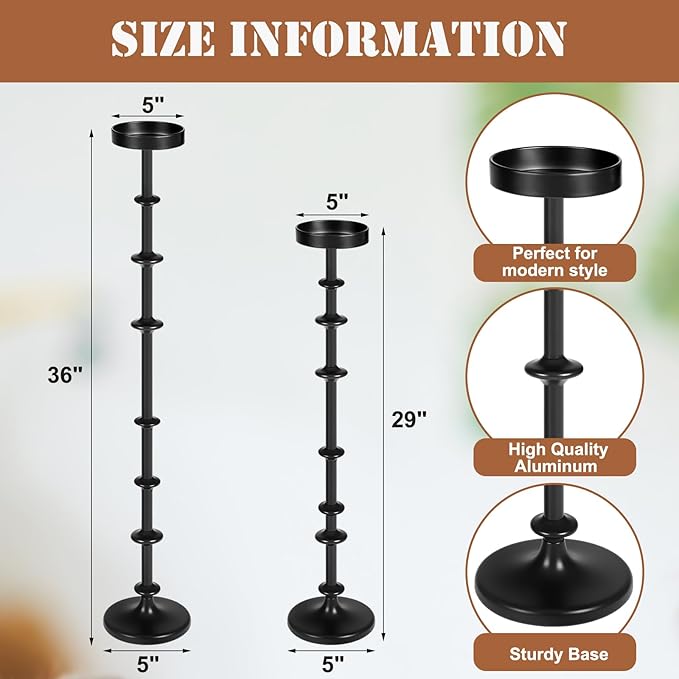 Maxdot Black Metal Pillar Candle Holder 36" 29" Tall Decorative Taper Candle Stand Set of 2 Floor Candlestick Holder Large Metal Black for Christmas Halloween Living Room
