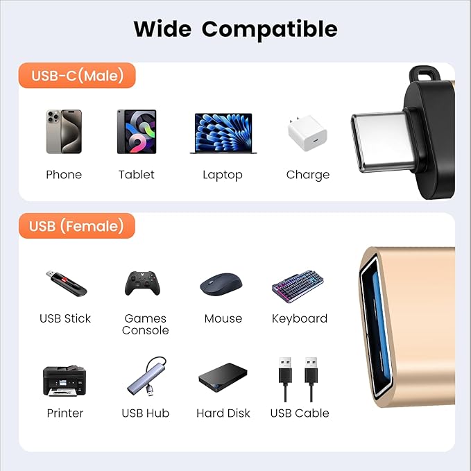 USB-C to USB-A Adapter (2-Pack), USB3.0 Data Transfer and Interface Conversion, Charging, OTG Support with Anti-Loss Cord - Gold
