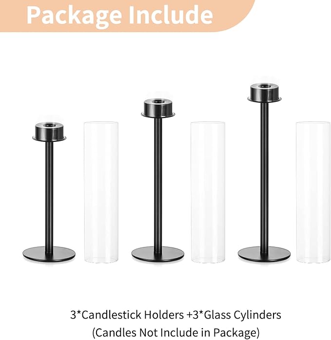 NUPTIO Hurricane Glass Candle Holders: 3 Pcs 23.6 & 21.7 & 19.7 in Tall Black Modern Metal Candlestick Tapers Holder with Cylinder Sleeves Antique Taper Candles Stand for Halloween Christmas Decor