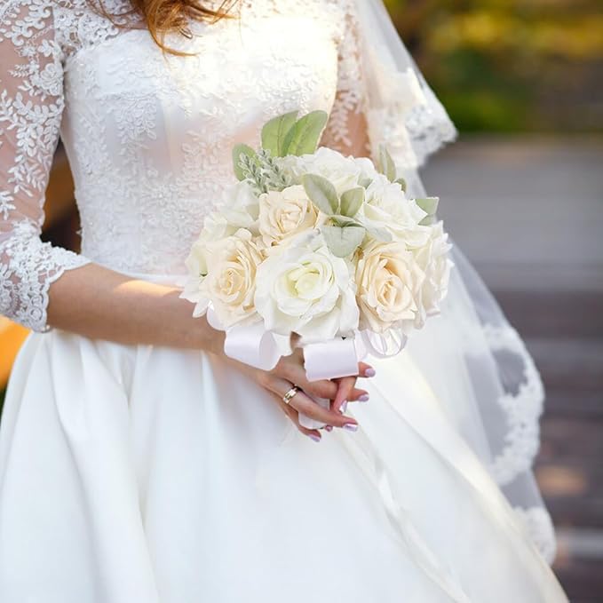 Artificial Rose Wedding Bouquets - Ribbon Decor for Bride & Bridesmaid