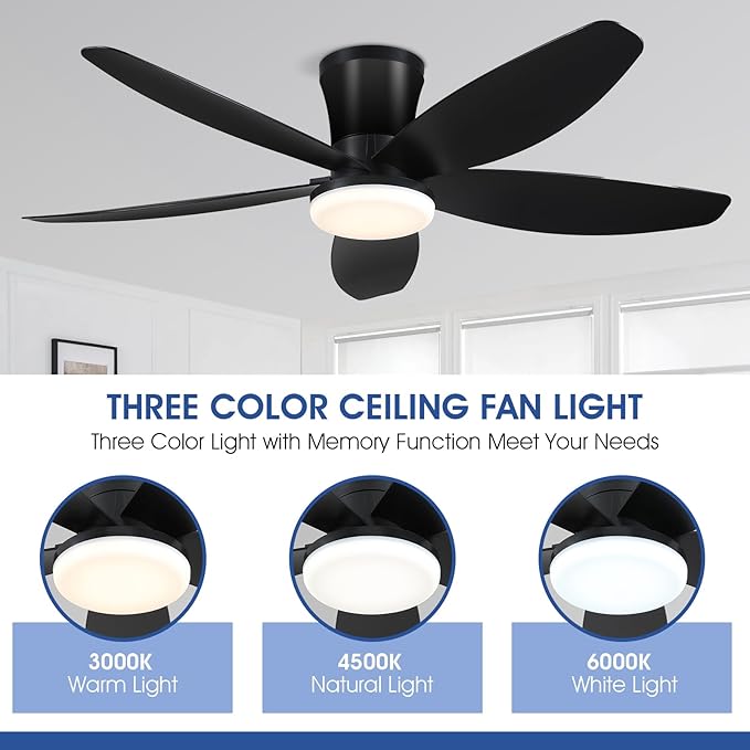 42" Ceiling Fans with Lights-Low Profile Ceiling Fan with Light and Remote/APP Control,Flush Mount,DC Reversible,LED Dimmable Blakc Ceiling Fans for Bedroom,Indoor/Outdoor Patio Use