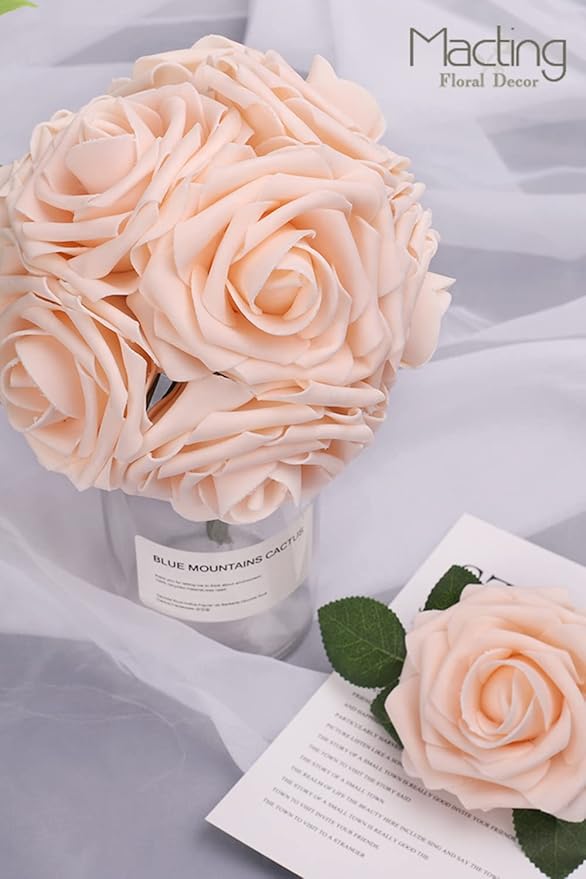 MACTING Artificial Flower Roses 30PCS Real Touch Fake Flowers with Stem Champagne Foam Roses for DIY Wedding Flower Bouquet Table Centerpieces Party Baby Shower Home Spring Mothers Day Decorations