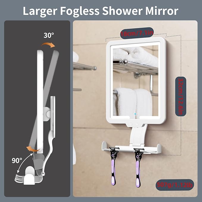 Heated Shower Mirror Fogless for Shaving, 3 Color Dimming Shower Shaving Mirror, 9.5 * 8inch Anti-Fog Shower Mirror with Lights, Wall-Mounted Large Shaving Mirror with Razor Holder