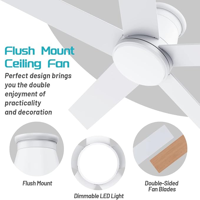 wurzee 52" Ceiling Fan with Light, White,6 Speeds DC Reversible Motor,Timing, Dimmable for Bedroom, Kitchen, Patios