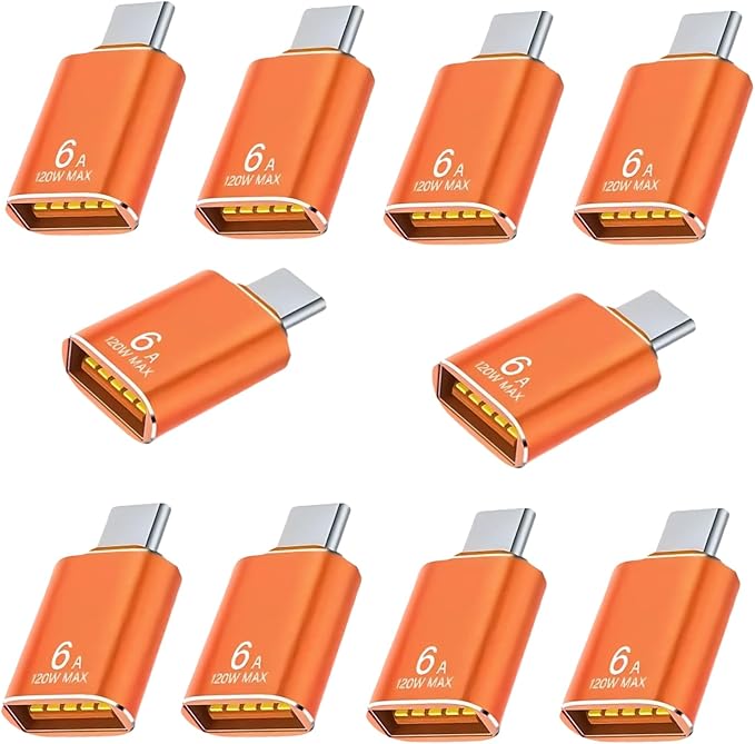 BOMIE USB C to USB Adapter 10 Pack, 6A 120W Fast Charging 10Gbps Data Transfer,USB C Male to USB 3.2 Female OTG Adapter for Phone 15/16/17,Pad,Ma-cBook Pro/Air,Smartphone,Laptop,Tablet Orange