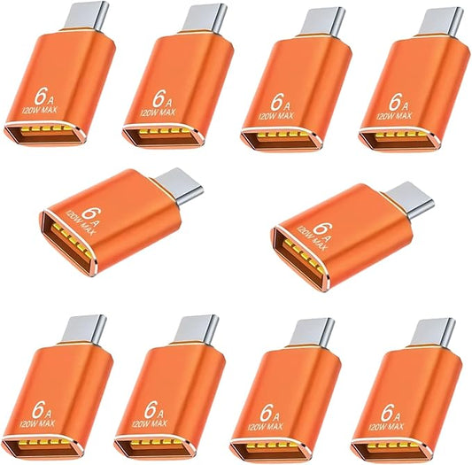 BOMIE USB C to USB Adapter 10 Pack, 6A 120W Fast Charging 10Gbps Data Transfer,USB C Male to USB 3.2 Female OTG Adapter for Phone 15/16/17,Pad,Ma-cBook Pro/Air,Smartphone,Laptop,Tablet Orange