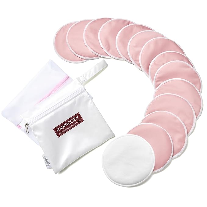 Momcozy Reusable Nursing Pads, Innovative Use of One Way Moisture-Wicking Fabric & 3-Layer Washable Breast Pads, Ultra-Thin Design, Light and Unburden, 14 Pack + Wet & Dry Separation Bag + Wash Bag
