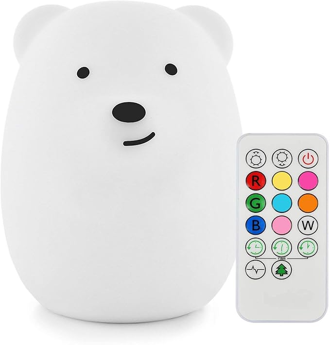 Bear Night Light for Kids, Rechargeable LED Children Lamp, Soft Silicone (BPA Free) for Baby/Boy/Girl/Adult, Remote & Touch Control Adjustable Brightness and Color (9 Colors), Eye Caring
