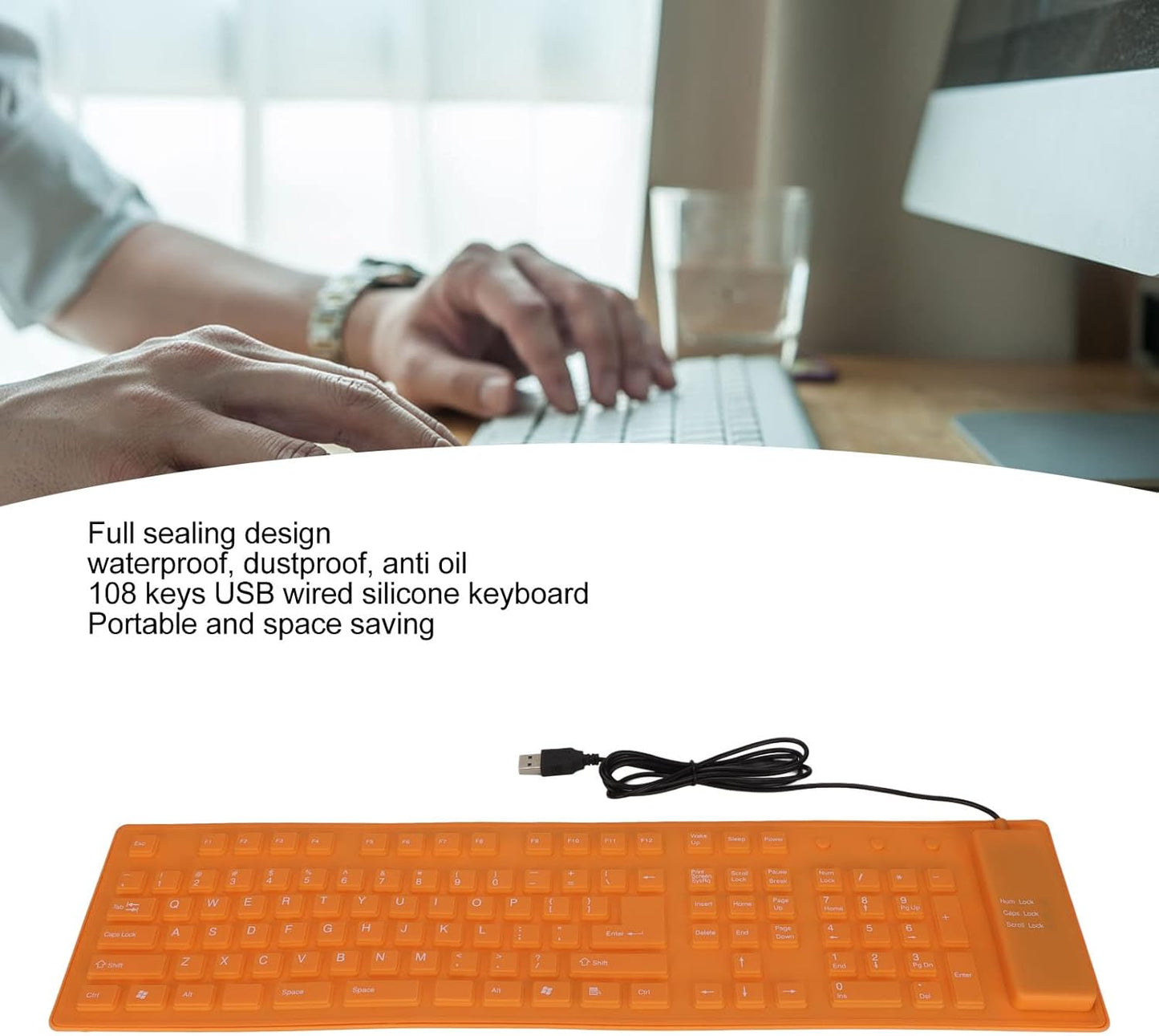 Zopsc 108 Keys Foldable Silicone Keyboard, USB Wired Rollup Waterproof Silent Typing Keyboard for PC Notebook Laptop