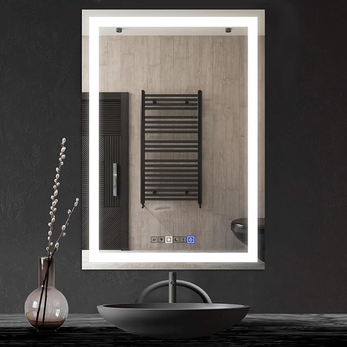 Fab Glass and Mirror LED Mirror 28x36 Inches, Led Bathroom Mirror with Lights Front and Backlit Anti-Fog Memory Brightness, Three Color Options Frameless Wall Mounted Bathroom Vanity Mirror