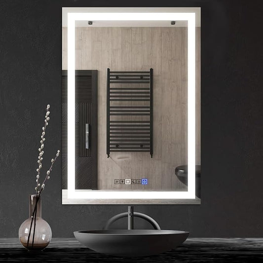 Fab Glass and Mirror LED Mirror 28x36 Inches, Led Bathroom Mirror with Lights Front and Backlit Anti-Fog Memory Brightness, Three Color Options Frameless Wall Mounted Bathroom Vanity Mirror