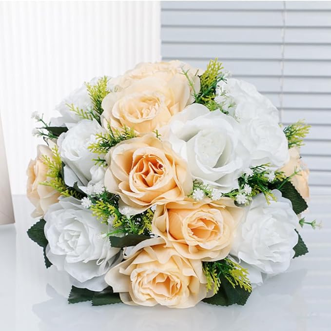 10Pcs Artificial Flower Ball Arrangement, 15 Flower Heads Wedding Roses Bouquet with Base Suitable for Parties Valentine's Day Wedding Centerpieces and Home Decor (Champagne & White)