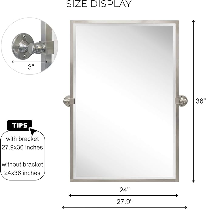 TEHOME 28.5 x 36 inch Brushed Nickel Metal Framed Pivot Rectangle Bathroom Mirror in Stainless Steel Tilting Beveled Vanity Mirrors for Wall