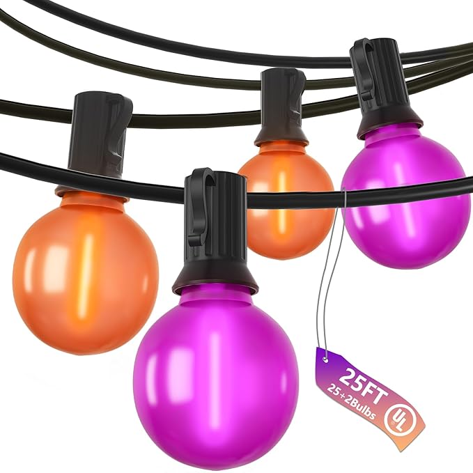 SUNSGNE 25ft Halloween String Lights Outdoor - G40 LED Orange and Purple String Lights with 27 Frosted Globe Bulbs(2 Spare), Vintage Halloween Decorations for Patio Balcony Porch Yard