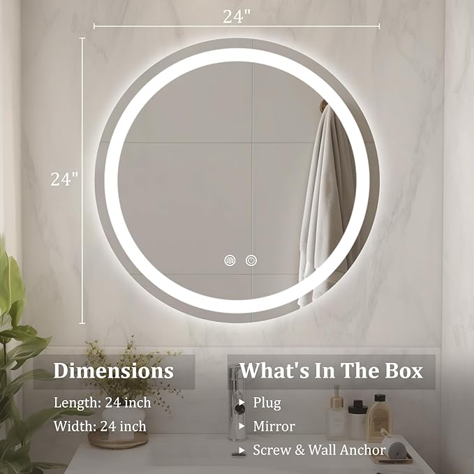WallBeyond LED Bathroom Mirror with Lights, 24'' Round Light Up Bathroom Mirror for Wall with Front and Backlit, Anti Fog Led Mirror for Bathroom, 3 Colors and Dimmable Light