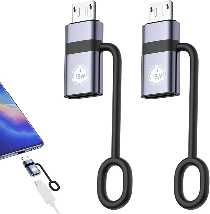 USB C to Micro USB Adapter, 2 Packs, Supports 18W Fast Charging and Data Transfer, Suitable for USB C Socket to Micro Plug Adapter, not Suitable for Headphones, Gray