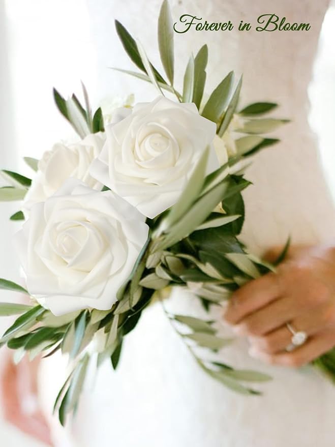 MACTING White Artificial Flower Roses 30PCS Fake Flowers with Stem Real Touch Foam Roses for DIY Wedding Bouquet Arrangements Table Centerpieces Party Bridal Shower Home Spring Mothers Day Decorations
