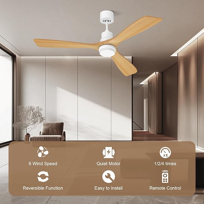 Obabala Ceiling Fan with Light 52 in Outdoor Ceiling Fans with Light and Remote, Modern 3 Wooden Blades, 6 Speed Reversible DC Motor for Patios, Kitchen Bedroom Porch