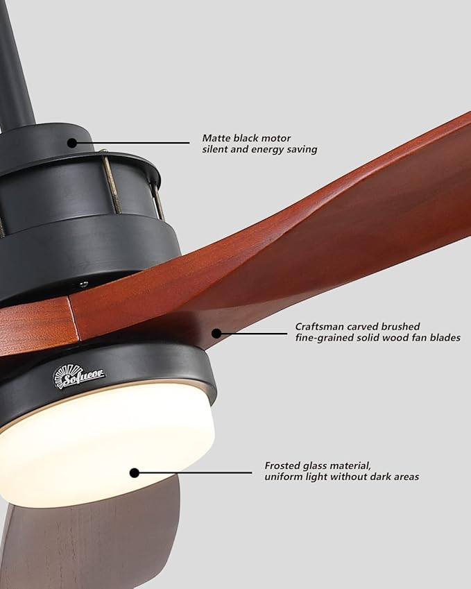 Sofucor Ceiling Fans With Lights, 60 Inch Solid Wood Ceiling Fan With Light and Remote, Indoor/Outdoor Ceiling Fans with Light, Reversible DC Motor, 3 Blade Modern Ceiling Fan Light for Bedroom Patio