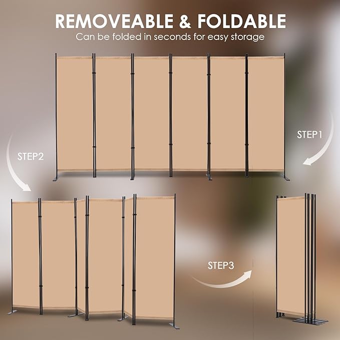 RANTILA 6 Panel Room Divider, 6 FT Folding Privacy Screen with Wide Feet, Freestanding Partition for Room Separation, Portable Room Divider Panel, 133" W x 71" H, Beige