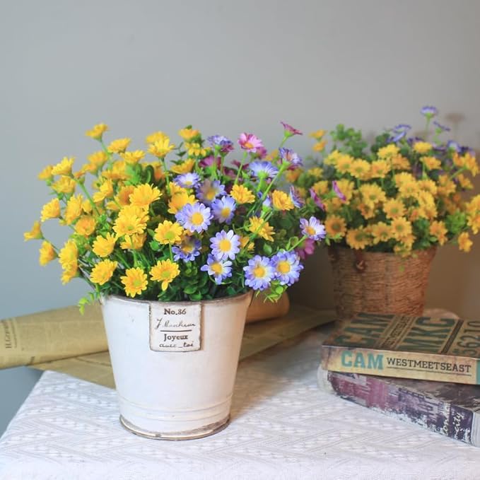 Artificial Outdoor Plants Faux Zinnia Flowers Eucalyptus 16 Bundles Fake Daisy Fade Resistant Wild Flowers Look Real Colorful Flower for Planter Front Porch Decor (16 Bundles 4 Colors)