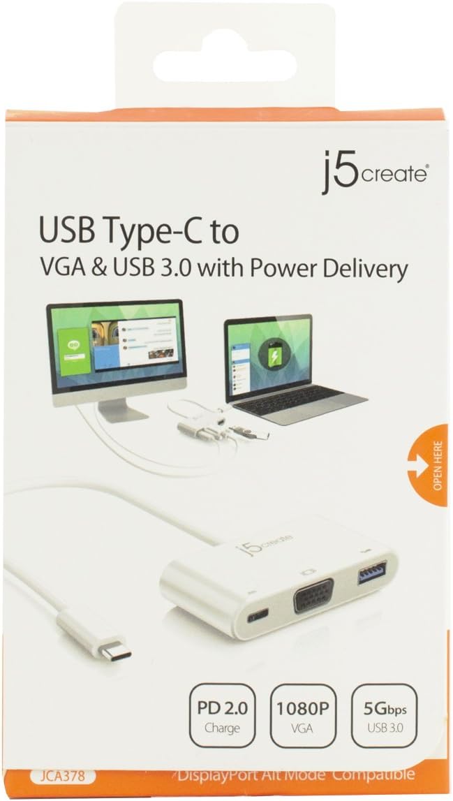 j5create USB-C to VGA & USB 3.0 - Power Delivery | USB Super Speed 3.0 Port | 5 Gbps | 1920 x 1200 @ 60 Hz | 1080p Video Playback | Compatible with USB C Devices