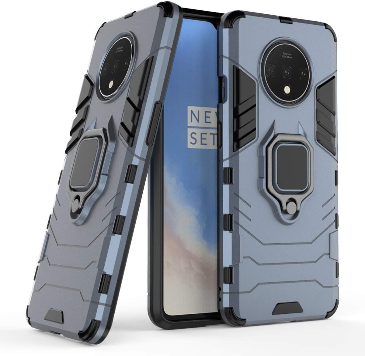 LuluMain Metal Ring Grip Kickstand Case for OnePlus 7T, Shockproof Hard Bumper, Dual Layer Rugged Cover, Navy Blue