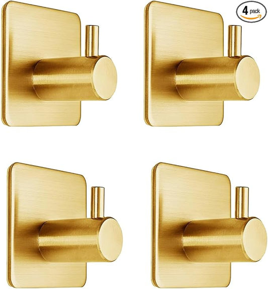 Gold Adhesive Hooks 15LB (Max), Non Tarnish Sticky Hooks for Hanging Towels, Coat, Backpack, Purse, Hat, Key, Self-Adhesive Towel Holder for Shower Closet Bathroom-4 Packs