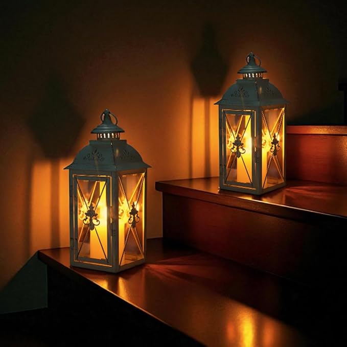 TRIROCKS Set of 2 Vintage Hanging Lantern - 13.5'' Decorative Metal & Tempered Glass Candle Holder - Ideal for Indoor/Outdoor Events, Patio, Garden, Parties White & Gold Brush Finish