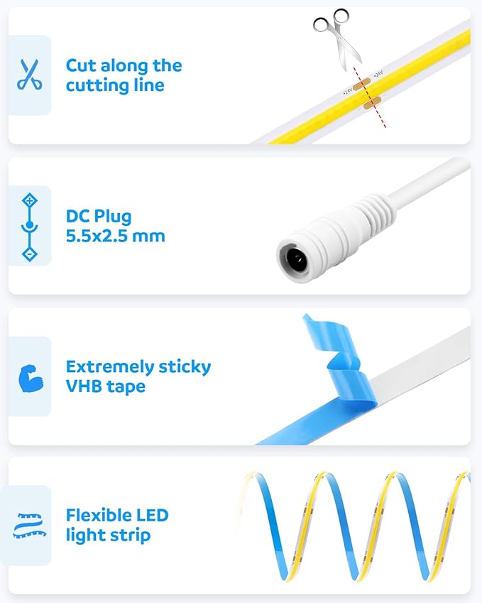 Aclorol 50FT COB Led Rope Light 6000K 24V Flexible COB Led Strip Light Cool White Super Bright for Bedroom TV Party Home Indoor Decor 15M LED Tape Light CRI85+ (Power Supply & LED Dimmer Not Included)