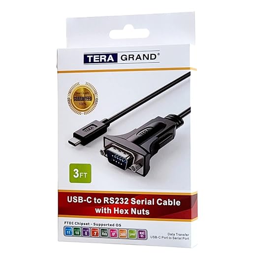 Tera Grand - USB C to RS232 Serial DB9 Adapter Cable with Hex Nuts and FTDI chipset, Supports Windows 11, 10, 8, 7, Vista, XP, 2000, 98, Linux and Mac, 3 Ft