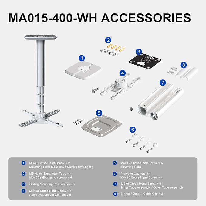 Jomard Projector Ceiling Mount, Heavy Duty Aluminum, Adjustable Height 10.05"-16.94", 360° Swivel 15° Tilt, Holds 15 Lbs, White