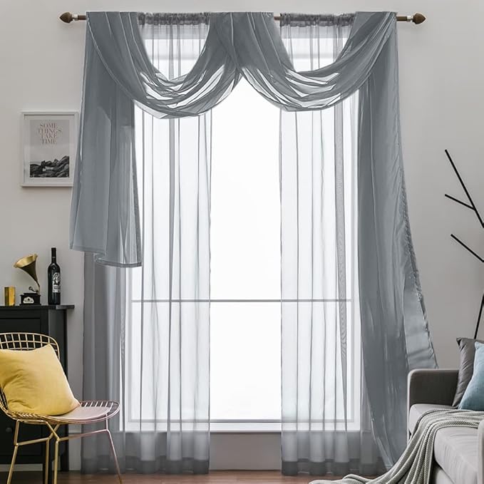 MIULEE Luxury Window Scarf Sheer Voile Elegant Topper Long Valance Solid Treatment Swags Drapes for Window Ceremony Wedding Canopy Bed 54" x 216" Dark Grey 1 Piece