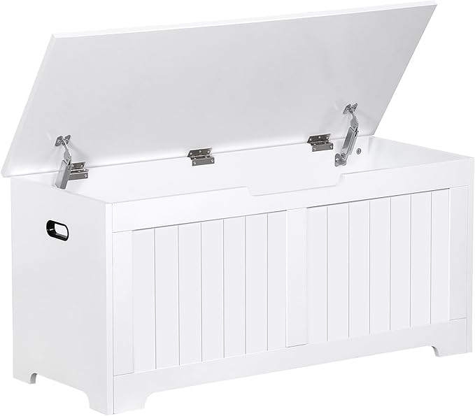Wooden Storage Chest Box with Flip-top Lid & Safety Hinge, 39.4 Inch Living Room Organizer, Bedroom Bench, White