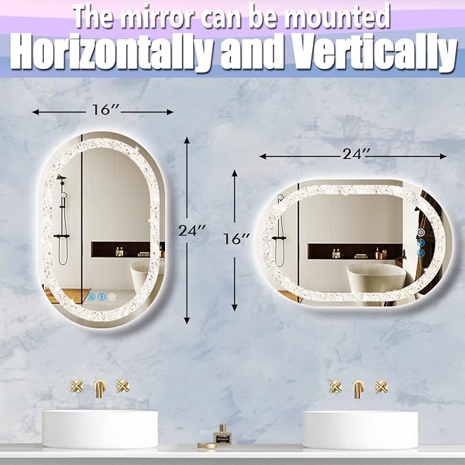 Crystal Oval Vanity Mirror with Lights 16 x 24 Inch Crystal Oval Lighted Mirror for Bathroom Wall Horizontal/Vertical Mount Makeup Table Diamond LED Ovals Mirrors Lights Smart 3 Color Antifog
