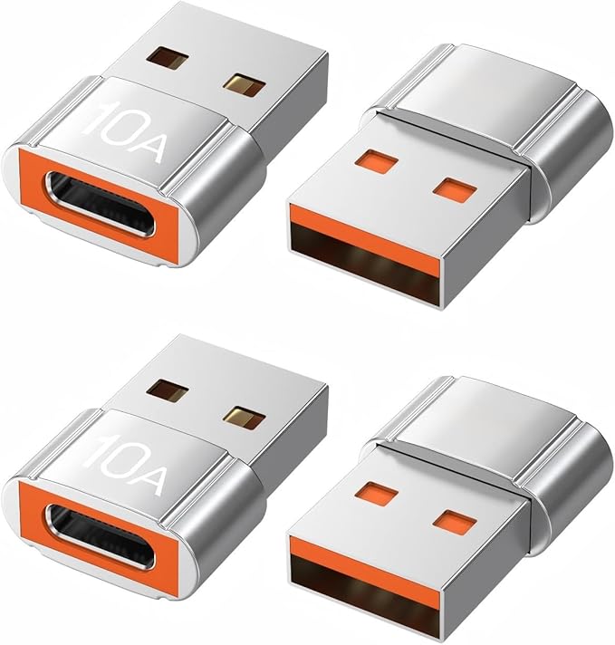 USB to USB C Adapter 4 Pack,10A 200W Fast Charging USB2.0 480Mbps Data Transfer,USB C Female to A Male Charger Converter for Ma-cBook Pad Phone 17/16/15 G-alaxy Xpe-ria Smartphone Laptop Tablet Silver