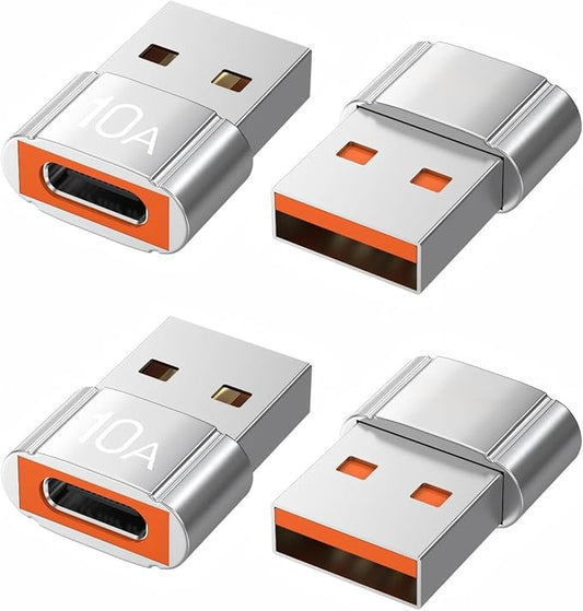 USB to USB C Adapter 4 Pack,10A 200W Fast Charging USB2.0 480Mbps Data Transfer,USB C Female to A Male Charger Converter for Ma-cBook Pad Phone 17/16/15 G-alaxy Xpe-ria Smartphone Laptop Tablet Silver