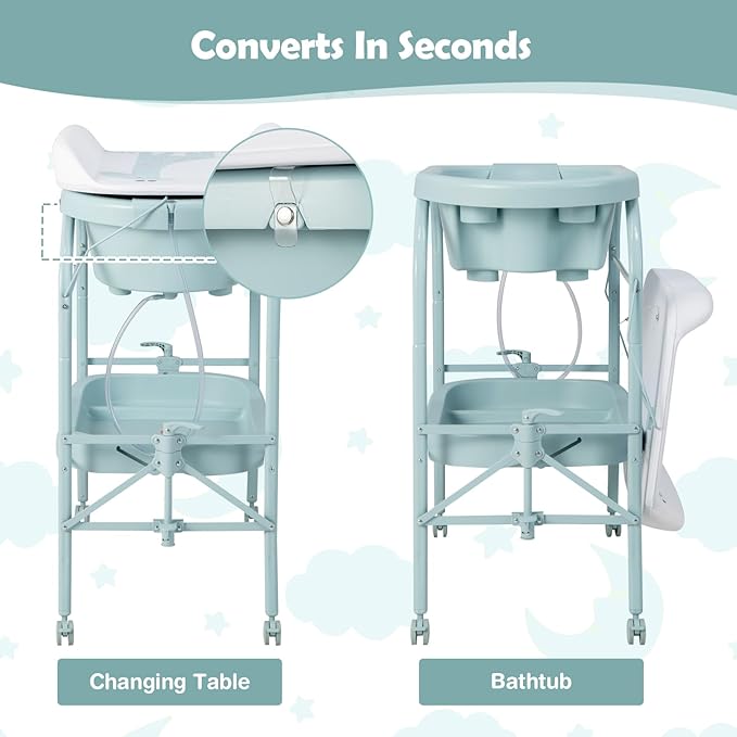 HONEY JOY Baby Changing Table with Bathtub, Foldable Infant Diaper Changing Station with Wheels, Storage Tray, Waterproof Pad, Portable Newborn Nursery Organizer Bath Stand for Boys Girls (Blue)