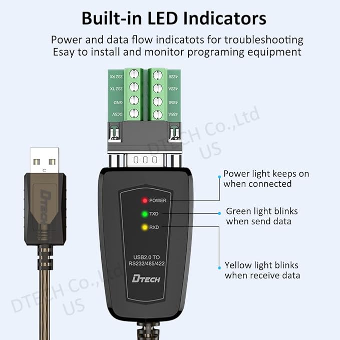 DTECH USB to Serial Adapter RS422 RS485 R232 to USB Cable (3 in 1 Interface) Supports DC 5V with Breakout Board LED Lights for Multi-Kind Control Devices Windows 11 10 8 7 XP Mac (1.5ft)